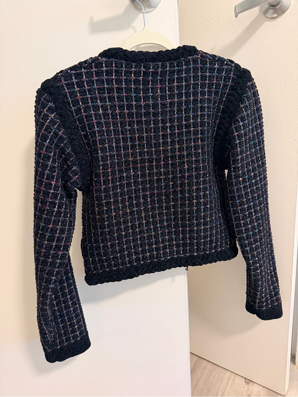 NWT Sandro Black Tweed Cropped Button Jacket with Subtle Color Check - Picture 4 of 4
